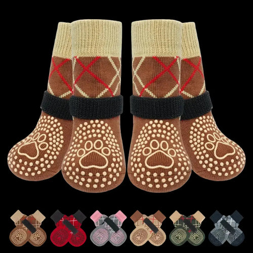 4PCS Dog Socks to Prevent Licking Paws for Hot/Cold Pavement | Puppy Boots & Paw Protectors for Hardwood Floors Anti Slip, Socks with Grippers Prevent Scratching for Senior Dog - Brown - Size S NNE Living